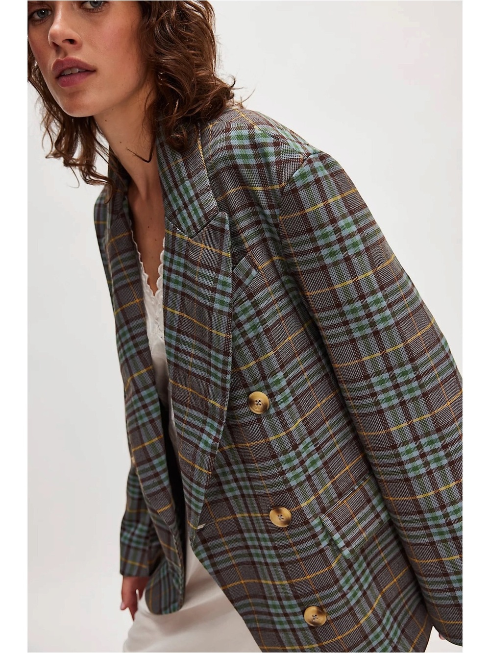 Free People Preppy Dark Academia Dean Double Breasted Blazer Oliver Plaid Small - Picture 11 of 16